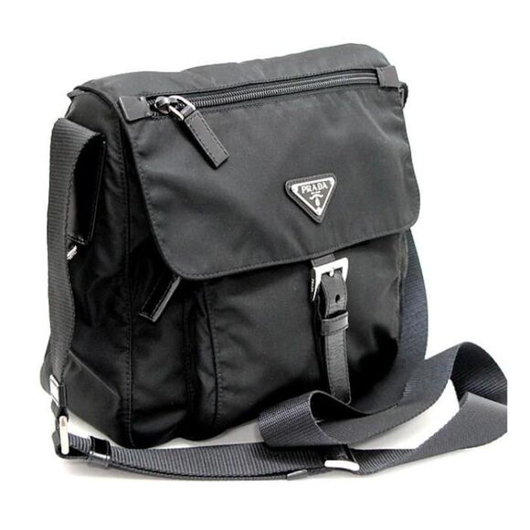 Prada Triangle Logo Diagonal Shoulder Messenger Bag Black Nylon - Picture 1 of 7